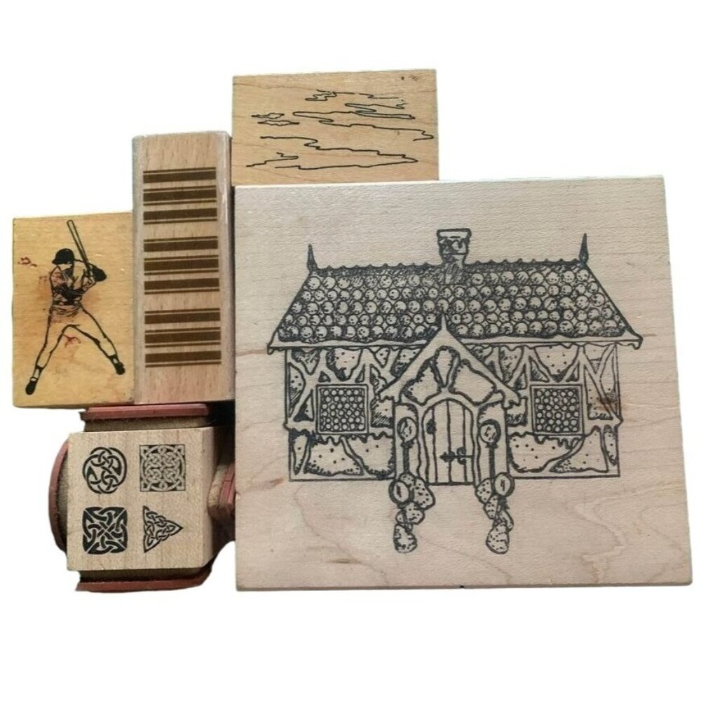 Rustic Wooden Rubber Stamp Set House Patterns & Baseball Scene Crafts Prints